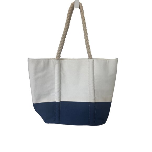 Neiman Marcus Nautical Beach Tote Navy & White Canvas With Rope Handles - Picture 2 of 3